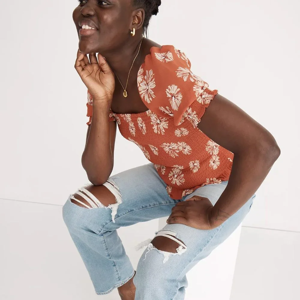 [NWT] Madewell Floral Georgette Puff-Sleeve Smocked Bodice Top